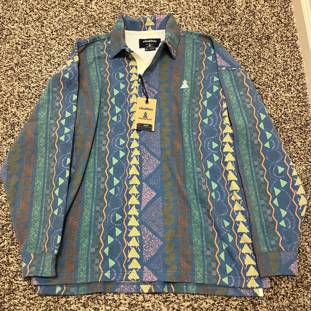 NWT Chubbies Geometric Stripe Long Sleeve Polo - Blue, Green, Yellow
